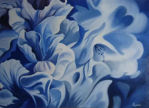 blue floral painting close up flower canvas wall art