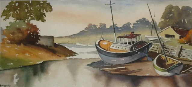 boat landscape painting calm river scene nature wall art