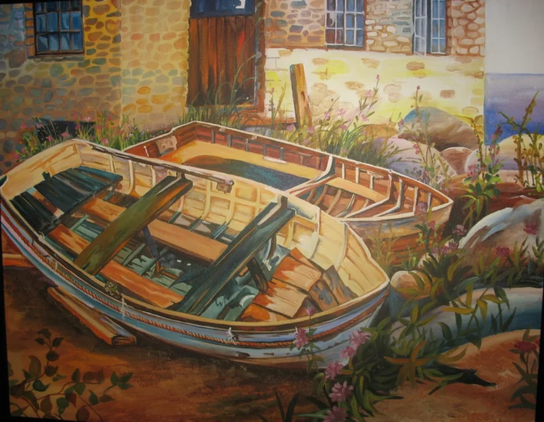 boats docked painting village waterfront landscape wall art